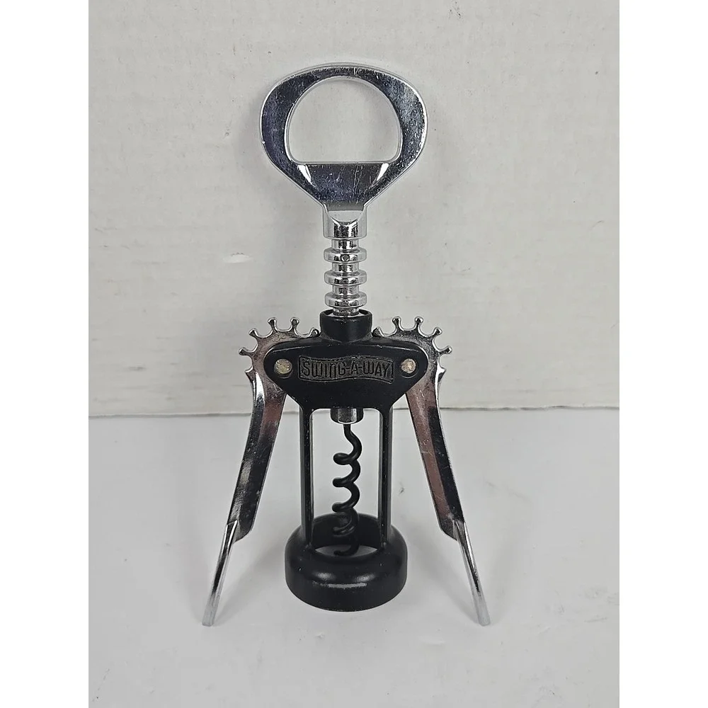 Vintage Swing-A-Way Black Corkscrew Wine Bottle Opener Metal Wing Arm 7.5 Inches
